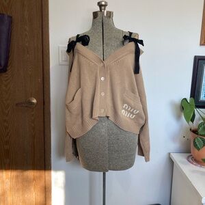 Miu Miu Beige Off-Shoulder Sweater with Black Accents
